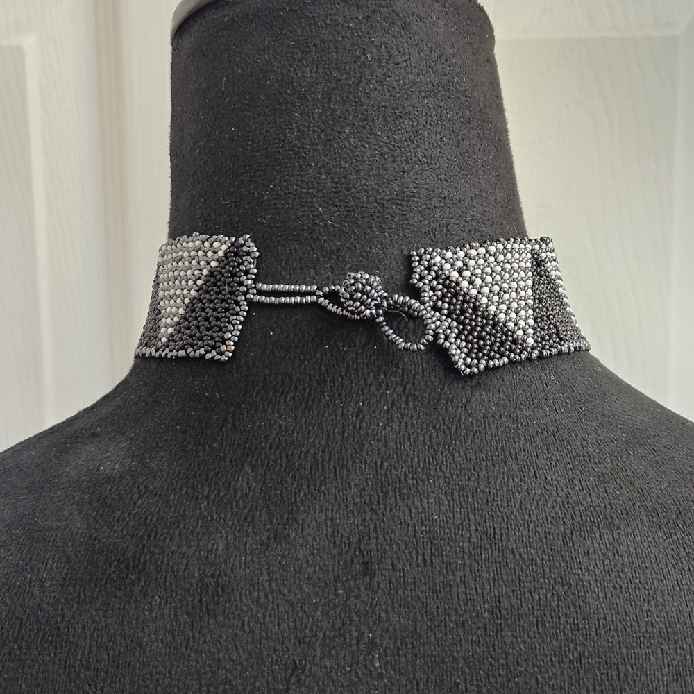 Handmade Seed Beaded Necklace and Matching Bracelet Set in Black and White - Picture 9 of 16